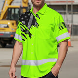 Hi Vis Hawaiian Shirt Reflective Featuring Green Scratch US Flag And Personalized Name For Patriotism
