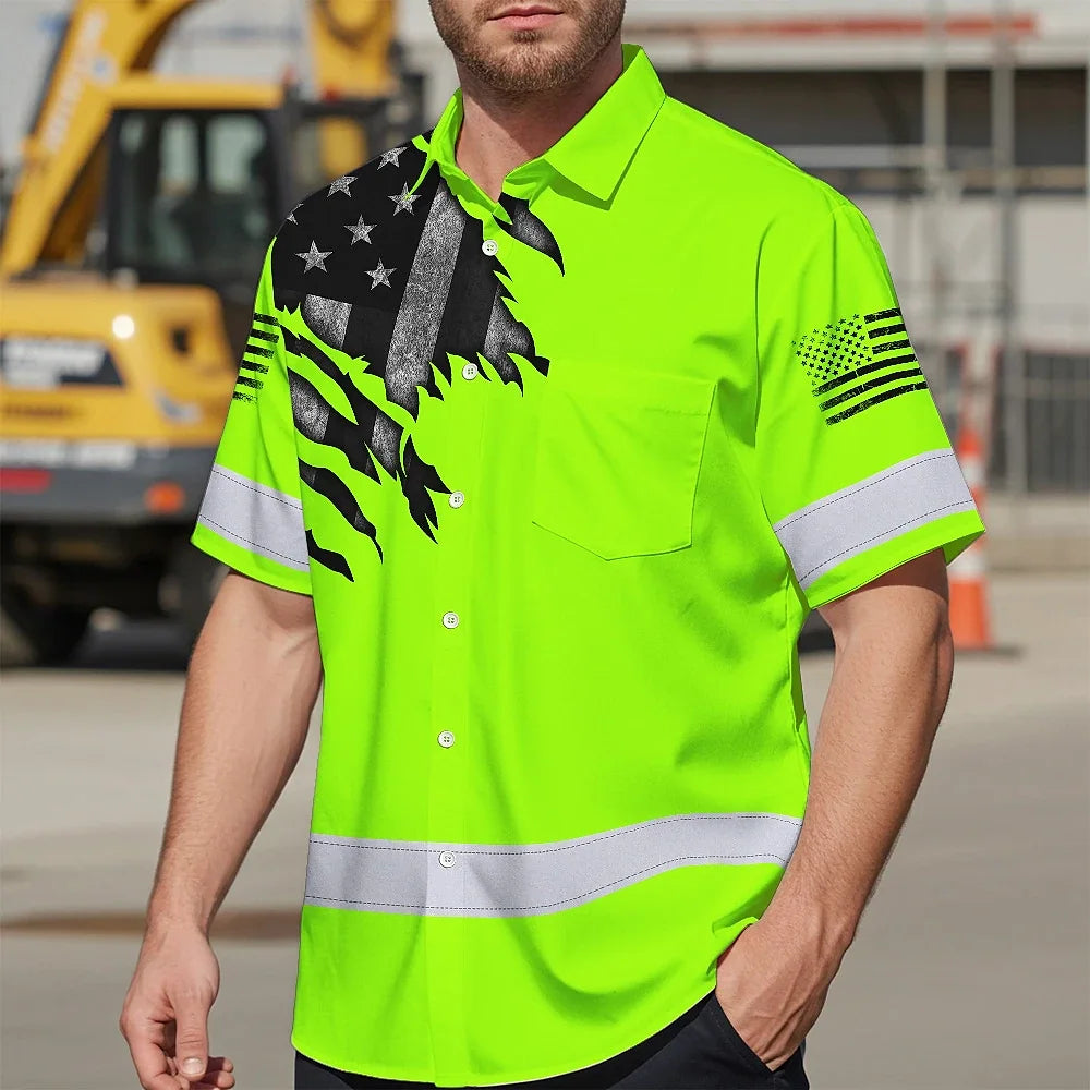 Hi Vis Hawaiian Shirt Reflective Featuring Green Scratch US Flag And Personalized Name For Patriotism