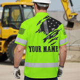 Hi Vis Hawaiian Shirt Reflective Featuring Green Scratch US Flag And Personalized Name For Patriotism