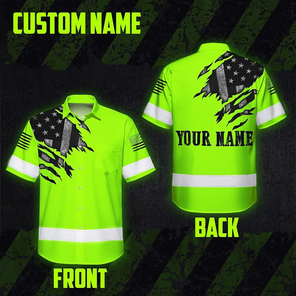 Hi Vis Hawaiian Shirt Reflective Featuring Green Scratch US Flag And Personalized Name For Patriotism