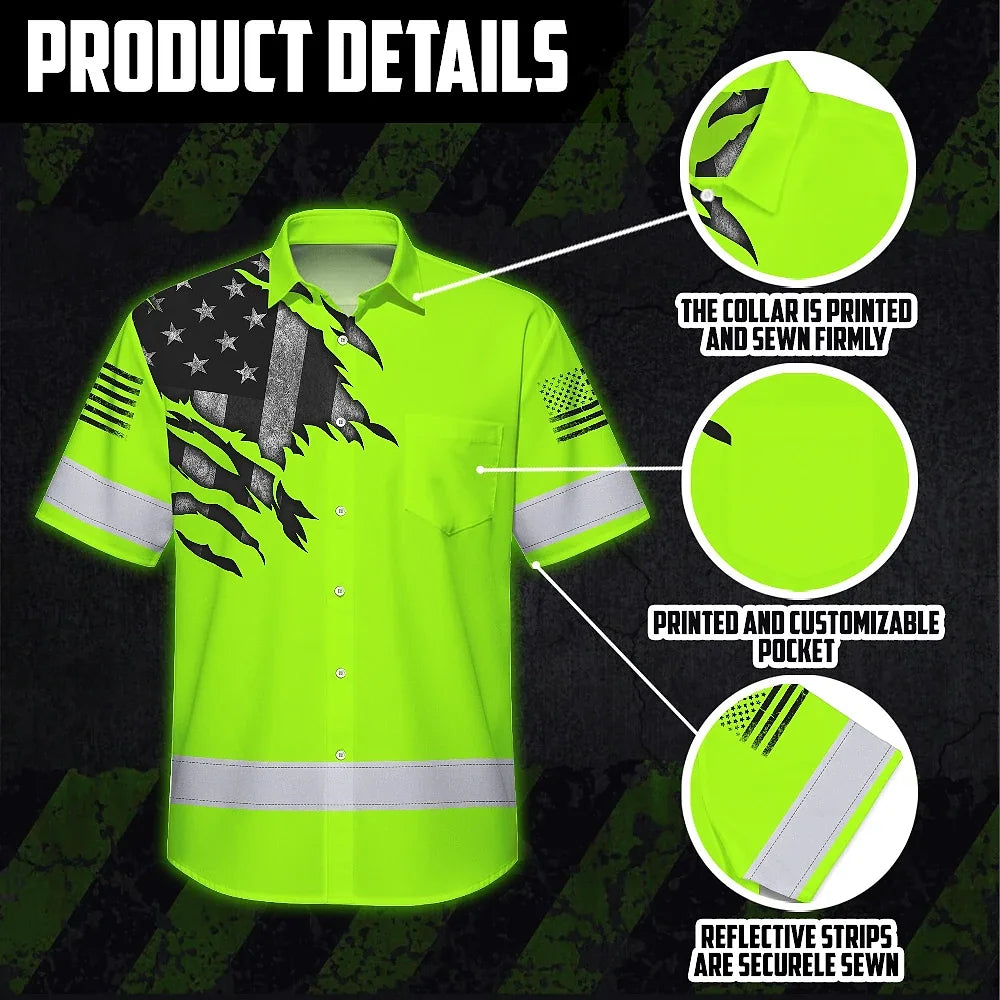 Hi Vis Hawaiian Shirt Reflective Featuring Green Scratch US Flag And Personalized Name For Patriotism