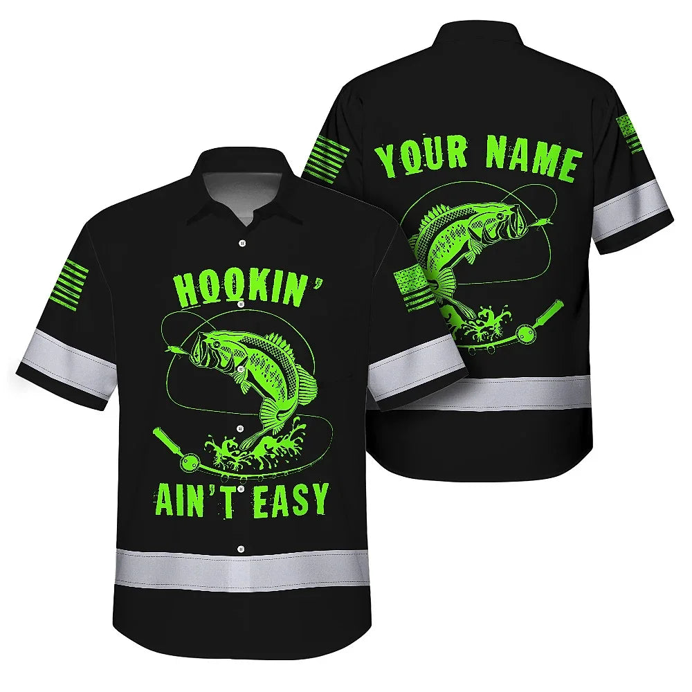 Hi Vis Hawaiian Shirt Reflective Fishing Blue Neon Safety Workwear For Fishing Lovers Workers, Runners, Cyclists, Trucker, Operator, Patriotic