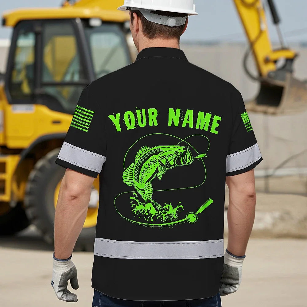 Hi Vis Hawaiian Shirt Reflective Fishing Blue Neon Safety Workwear For Fishing Lovers Workers, Runners, Cyclists, Trucker, Operator, Patriotic