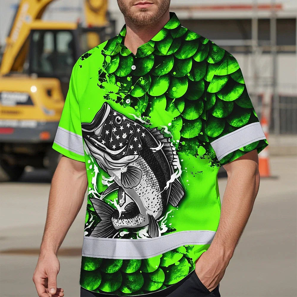 Hi Vis Hawaiian Shirt Reflective Fishing Green Neon Custom Name Safety Workwear For Fishing Lovers Workers, Runners, Cyclists, Trucker, Operator, Patriotic