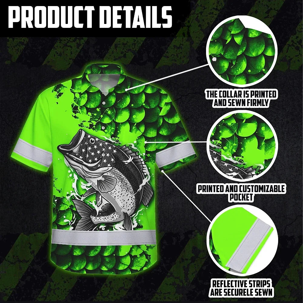 Hi Vis Hawaiian Shirt Reflective Fishing Green Neon Custom Name Safety Workwear For Fishing Lovers Workers, Runners, Cyclists, Trucker, Operator, Patriotic
