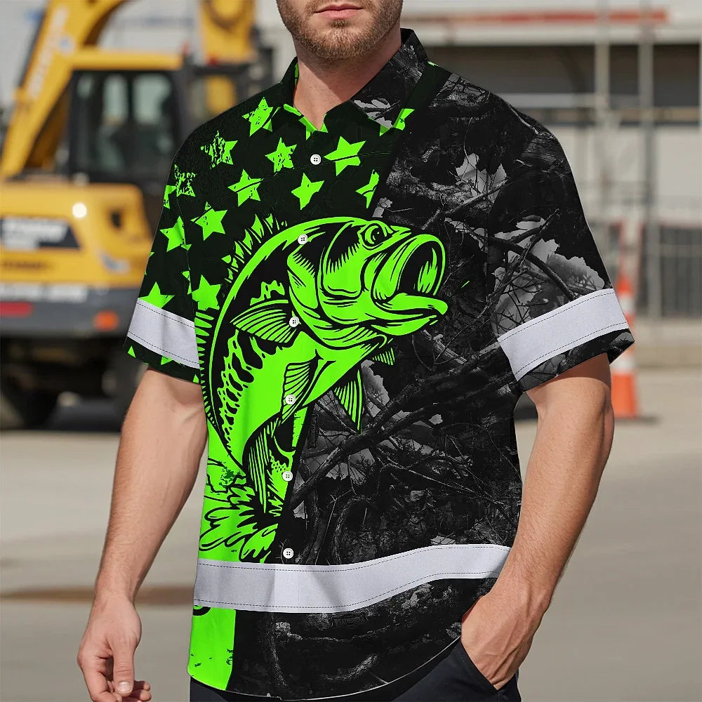 Hi Vis Hawaiian Shirt Reflective Fishing Green Neon Custom Name Safety Workwear For Fishing Lovers Workers, Runners, Cyclists, Trucker, Operator, Patriotic