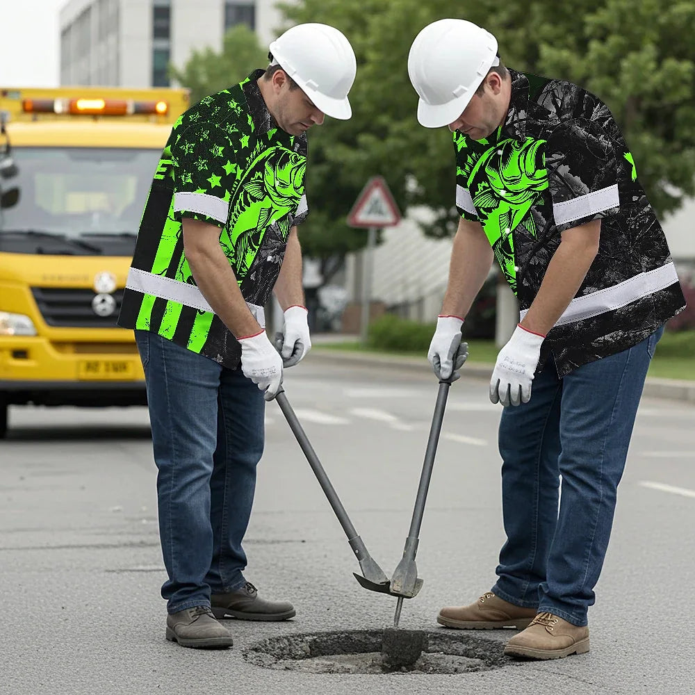 Hi Vis Hawaiian Shirt Reflective Fishing Green Neon Custom Name Safety Workwear For Fishing Lovers Workers, Runners, Cyclists, Trucker, Operator, Patriotic