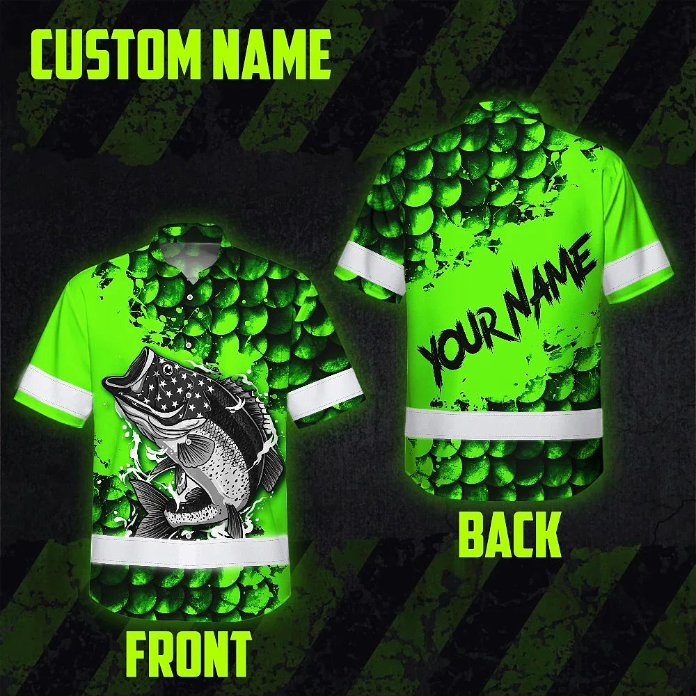 Hi Vis Hawaiian Shirt Reflective Fishing Green Neon Custom Name Safety Workwear For Fishing Lovers Workers, Runners, Cyclists, Trucker, Operator, Patriotic