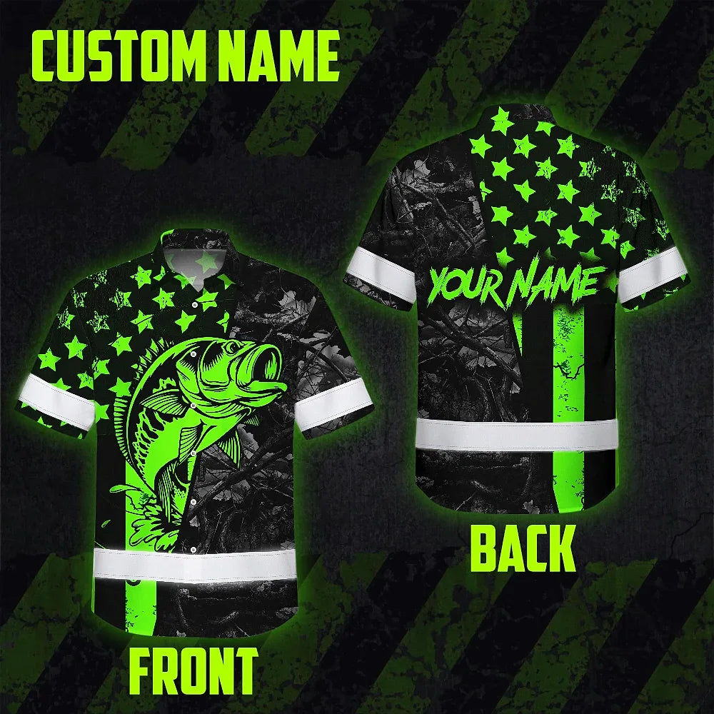Hi Vis Hawaiian Shirt Reflective Fishing Green Neon Custom Name Safety Workwear For Fishing Lovers Workers, Runners, Cyclists, Trucker, Operator, Patriotic