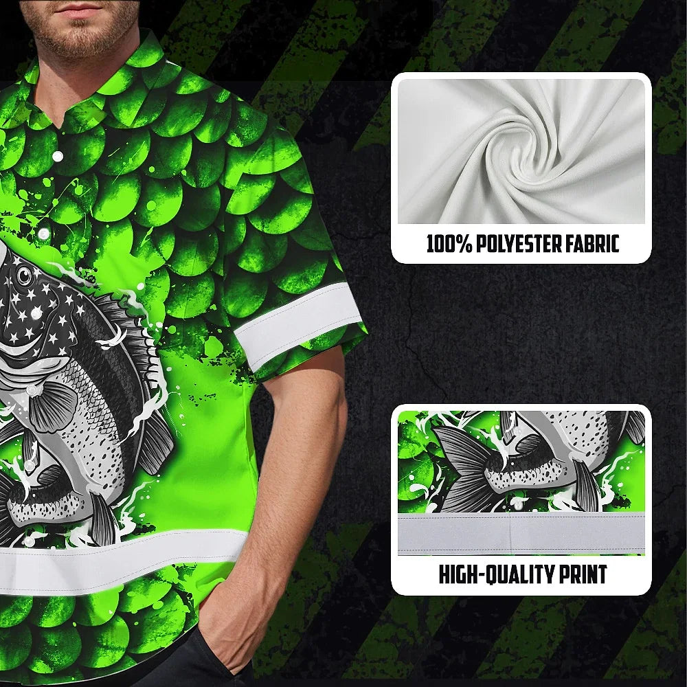 Hi Vis Hawaiian Shirt Reflective Fishing Green Neon Custom Name Safety Workwear For Fishing Lovers Workers, Runners, Cyclists, Trucker, Operator, Patriotic