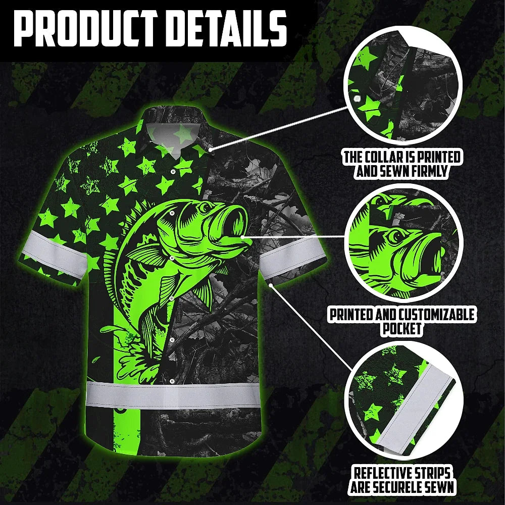 Hi Vis Hawaiian Shirt Reflective Fishing Green Neon Custom Name Safety Workwear For Fishing Lovers Workers, Runners, Cyclists, Trucker, Operator, Patriotic