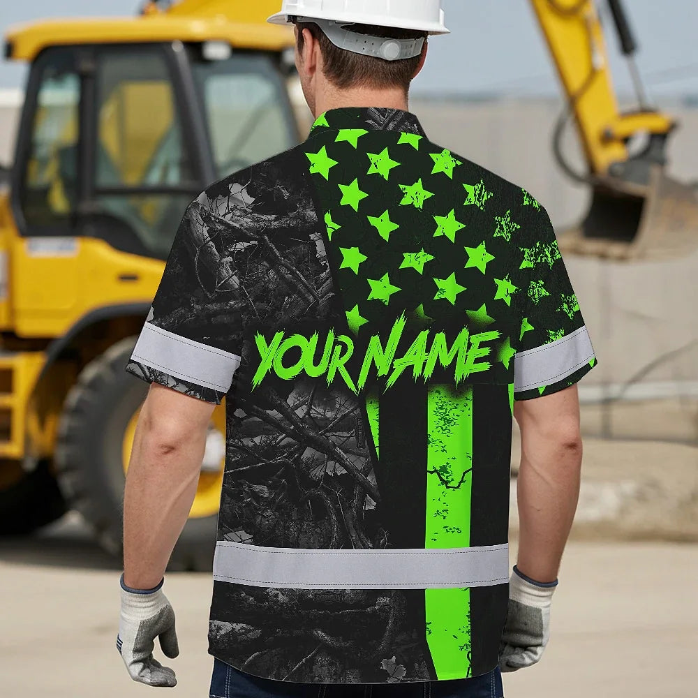 Hi Vis Hawaiian Shirt Reflective Fishing Green Neon Custom Name Safety Workwear For Fishing Lovers Workers, Runners, Cyclists, Trucker, Operator, Patriotic