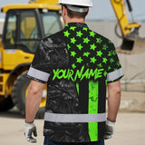 Hi Vis Hawaiian Shirt Reflective Fishing Green Neon Custom Name Safety Workwear For Fishing Lovers Workers, Runners, Cyclists, Trucker, Operator, Patriotic