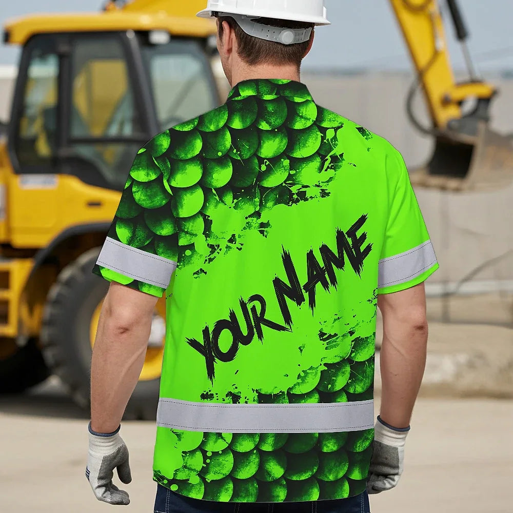 Hi Vis Hawaiian Shirt Reflective Fishing Green Neon Custom Name Safety Workwear For Fishing Lovers Workers, Runners, Cyclists, Trucker, Operator, Patriotic