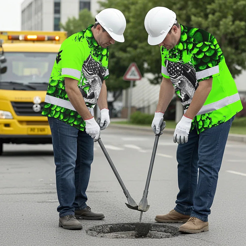 Hi Vis Hawaiian Shirt Reflective Fishing Green Neon Custom Name Safety Workwear For Fishing Lovers Workers, Runners, Cyclists, Trucker, Operator, Patriotic