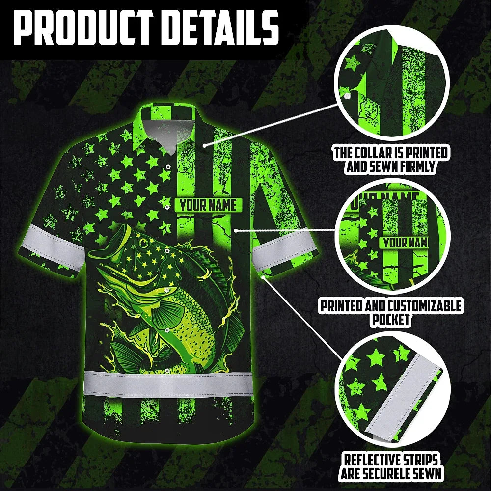 Hi Vis Hawaiian Shirt Reflective Fishing Green Neon Safety Workwear For Fishing Lovers Workers, Runners, Cyclists, Trucker, Operator, Patriotic