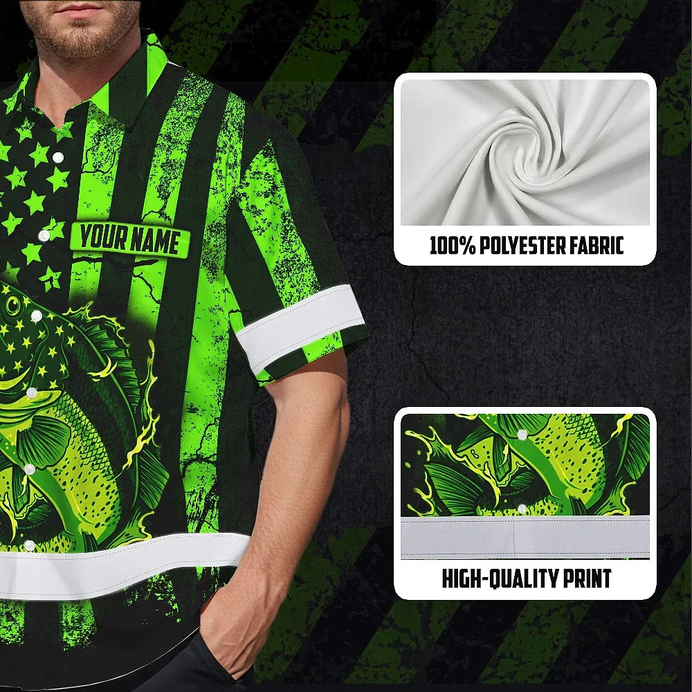 Hi Vis Hawaiian Shirt Reflective Fishing Green Neon Safety Workwear For Fishing Lovers Workers, Runners, Cyclists, Trucker, Operator, Patriotic