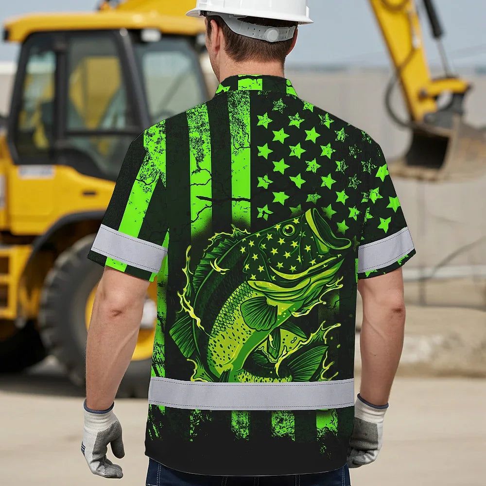 Hi Vis Hawaiian Shirt Reflective Fishing Green Neon Safety Workwear For Fishing Lovers Workers, Runners, Cyclists, Trucker, Operator, Patriotic
