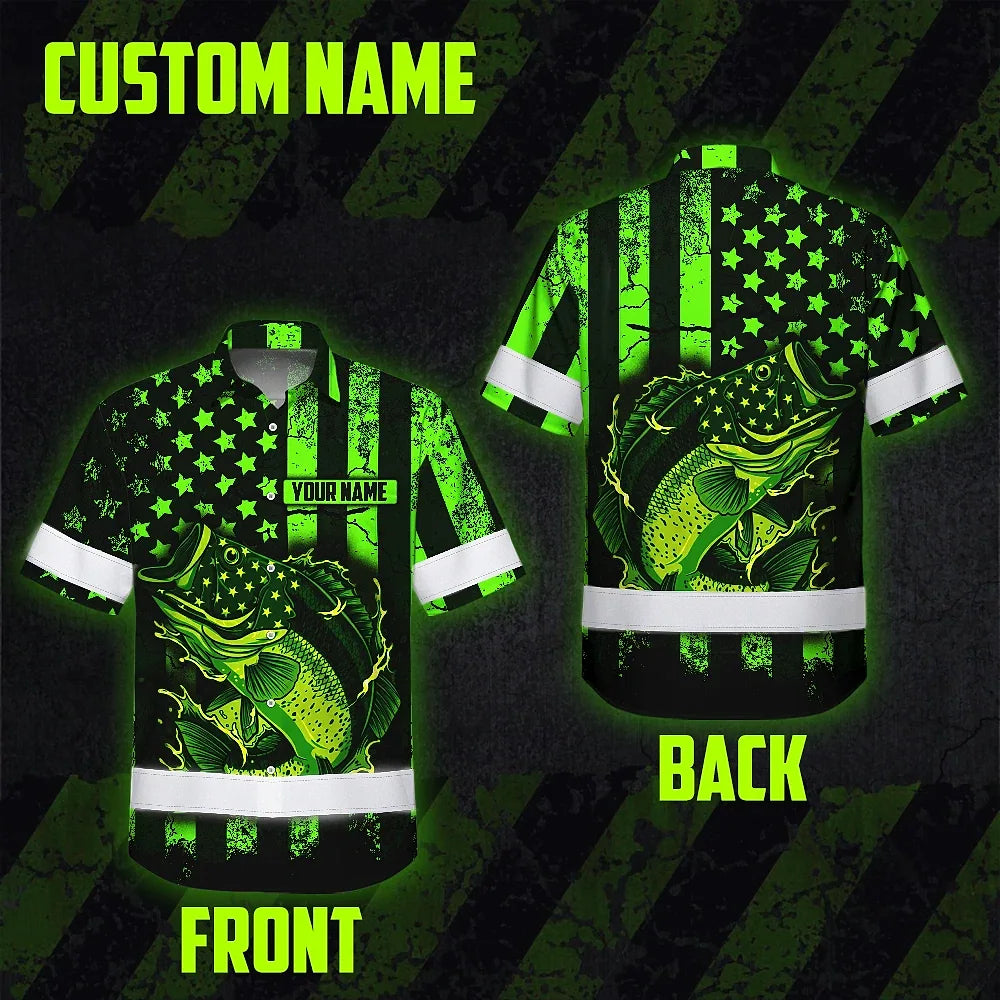 Hi Vis Hawaiian Shirt Reflective Fishing Green Neon Safety Workwear For Fishing Lovers Workers, Runners, Cyclists, Trucker, Operator, Patriotic
