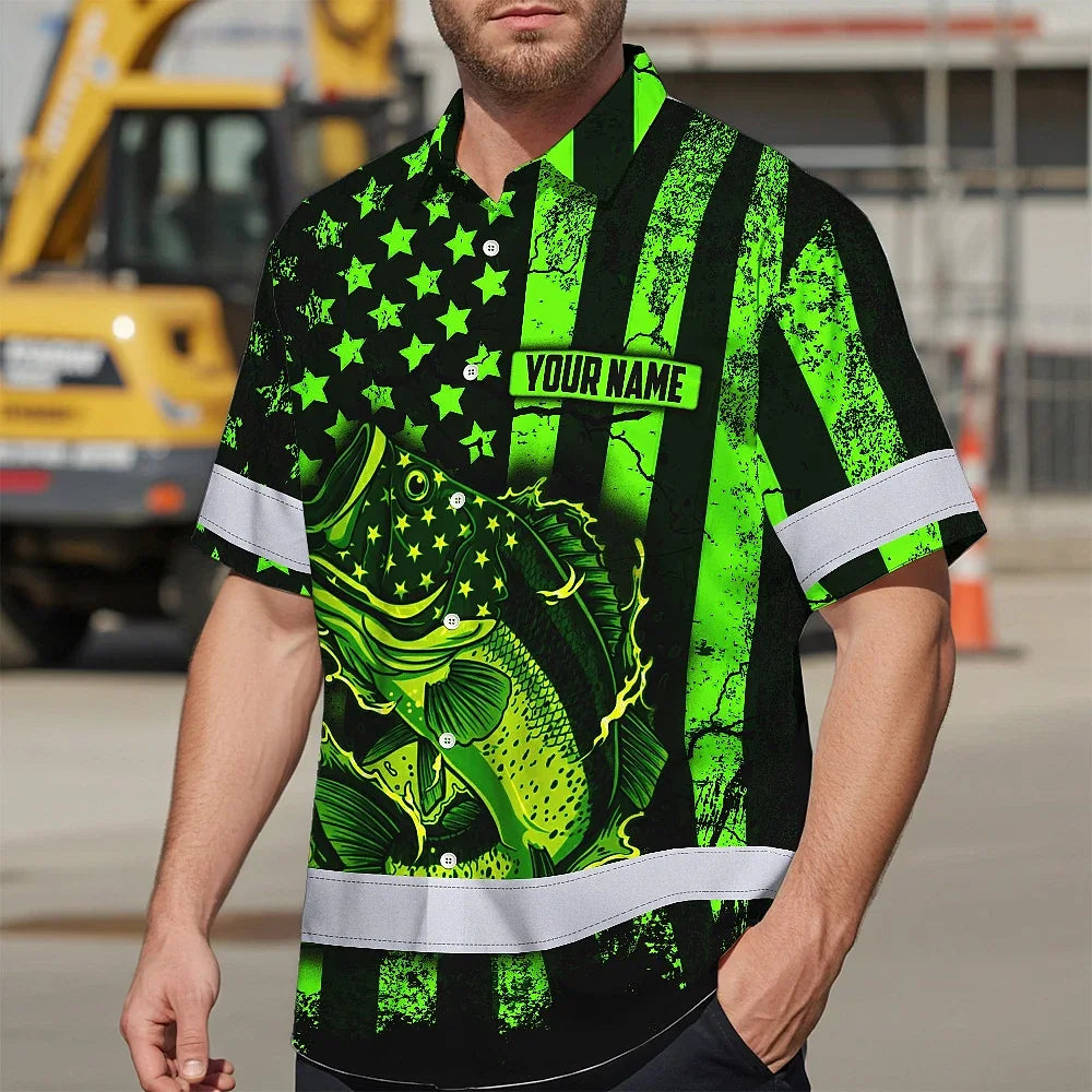 Hi Vis Hawaiian Shirt Reflective Fishing Green Neon Safety Workwear For Fishing Lovers Workers, Runners, Cyclists, Trucker, Operator, Patriotic