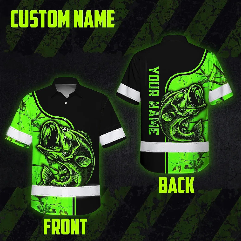 Hi Vis Hawaiian Shirt Reflective Fishing Green Neon US Flag Custom Name Safety Workwear For Fishing Lovers Workers, Runners, Cyclists, Trucker, Operator
