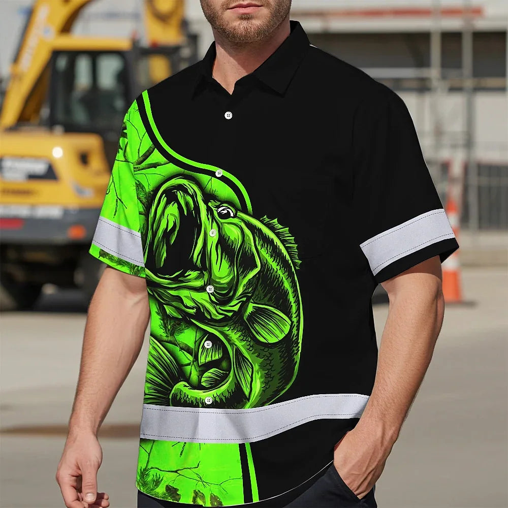 Hi Vis Hawaiian Shirt Reflective Fishing Green Neon US Flag Custom Name Safety Workwear For Fishing Lovers Workers, Runners, Cyclists, Trucker, Operator