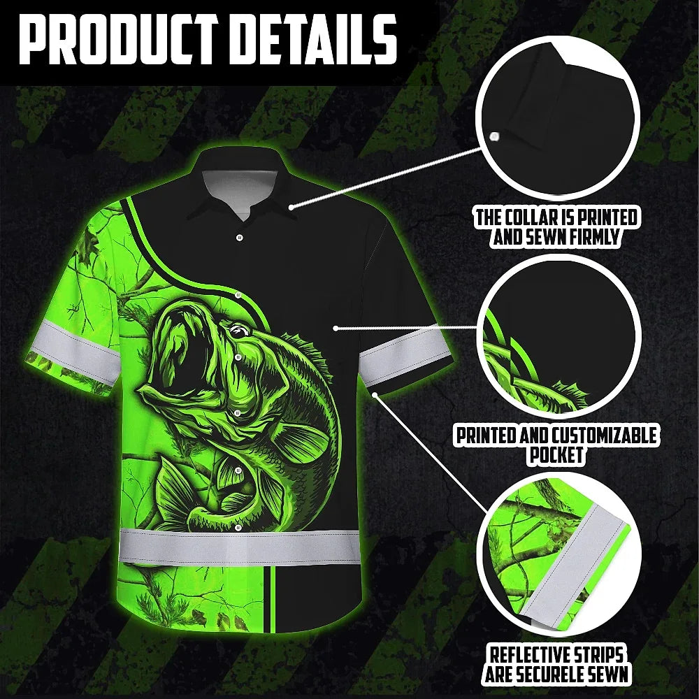 Hi Vis Hawaiian Shirt Reflective Fishing Green Neon US Flag Custom Name Safety Workwear For Fishing Lovers Workers, Runners, Cyclists, Trucker, Operator