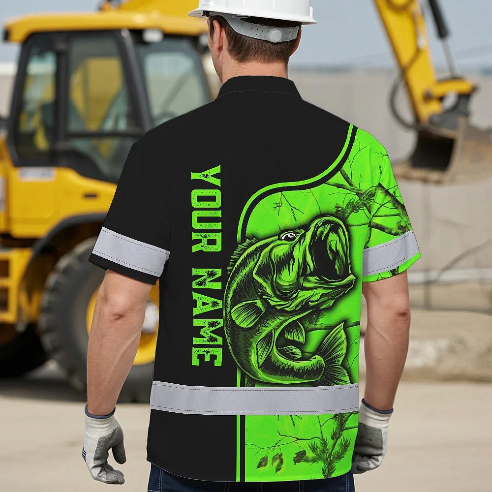 Hi Vis Hawaiian Shirt Reflective Fishing Green Neon US Flag Custom Name Safety Workwear For Fishing Lovers Workers, Runners, Cyclists, Trucker, Operator