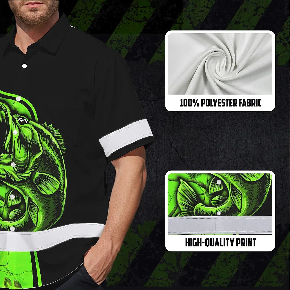 Hi Vis Hawaiian Shirt Reflective Fishing Green Neon US Flag Custom Name Safety Workwear For Fishing Lovers Workers, Runners, Cyclists, Trucker, Operator