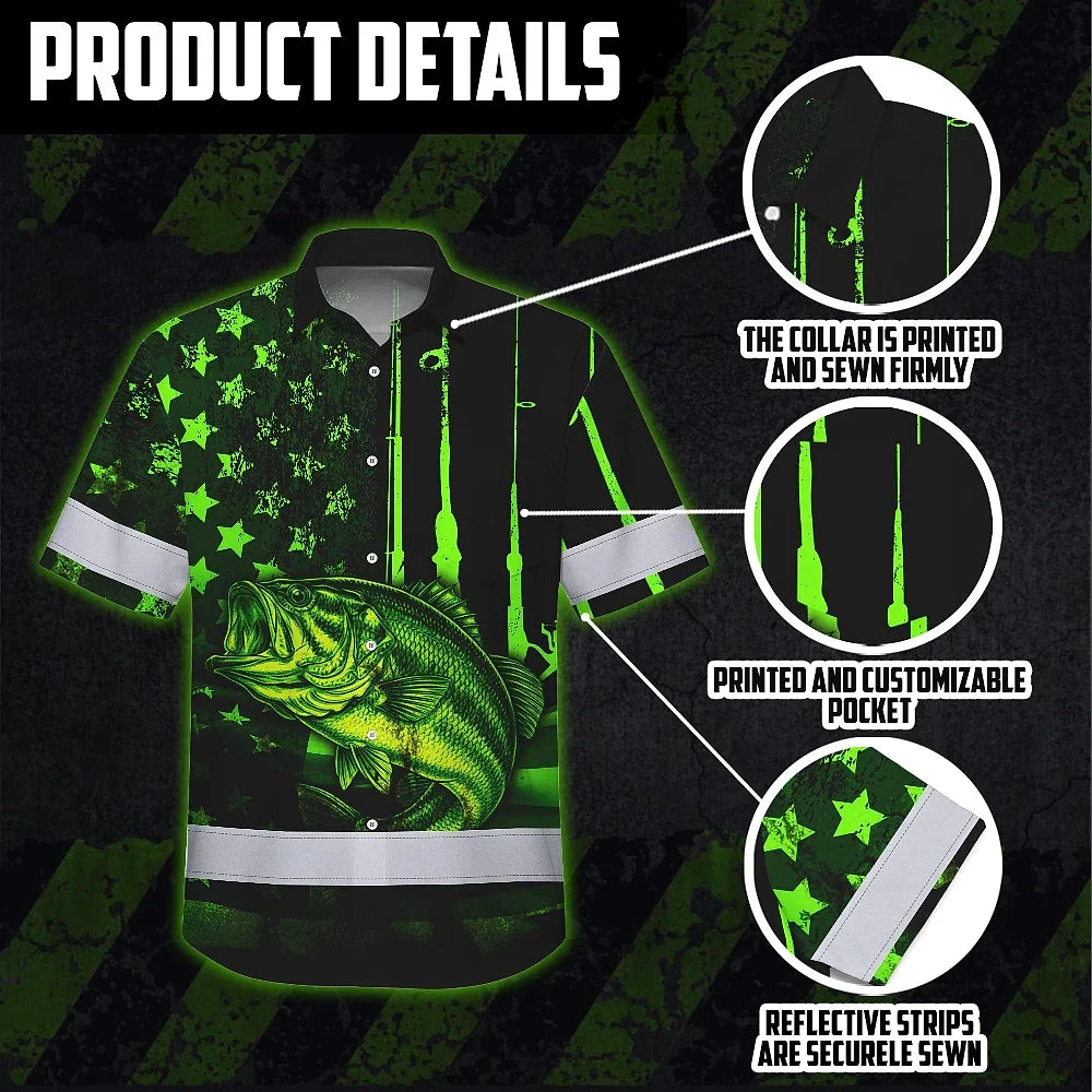 Hi Vis Hawaiian Shirt Reflective Fishing US Flag Custom Name Safety Workwear For Fishing Lovers Workers, Runners, Cyclists, Trucker, Operator, Patriotic