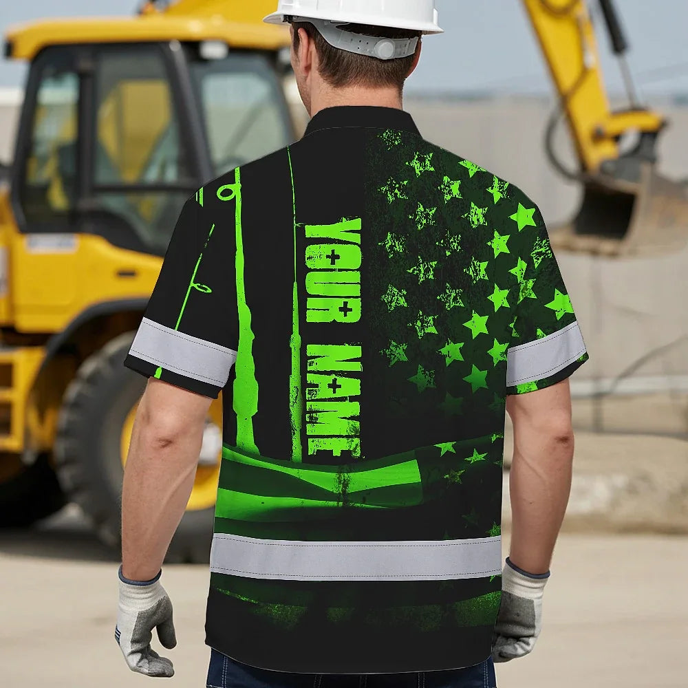 Hi Vis Hawaiian Shirt Reflective Fishing US Flag Custom Name Safety Workwear For Fishing Lovers Workers, Runners, Cyclists, Trucker, Operator, Patriotic