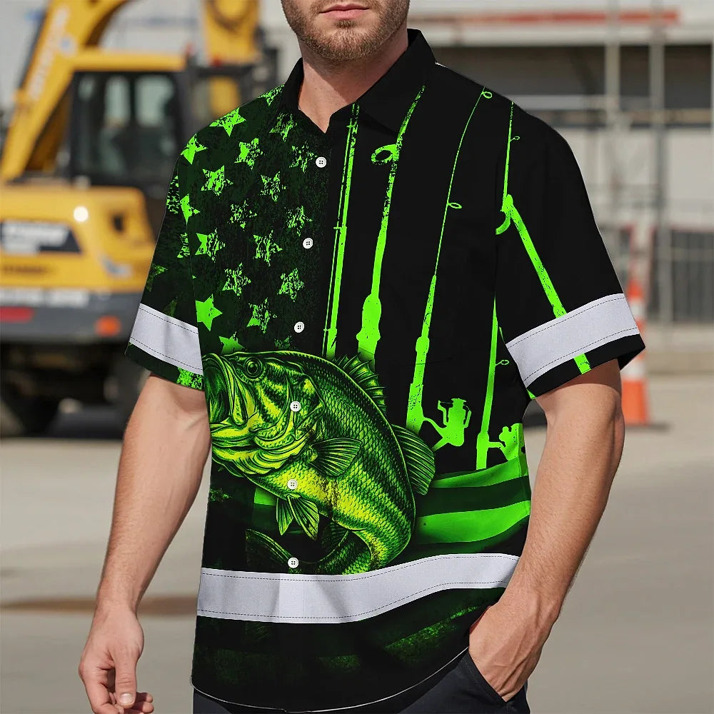 Hi Vis Hawaiian Shirt Reflective Fishing US Flag Custom Name Safety Workwear For Fishing Lovers Workers, Runners, Cyclists, Trucker, Operator, Patriotic
