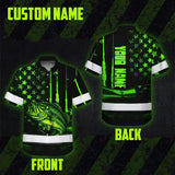 Hi Vis Hawaiian Shirt Reflective Fishing US Flag Custom Name Safety Workwear For Fishing Lovers Workers, Runners, Cyclists, Trucker, Operator, Patriotic