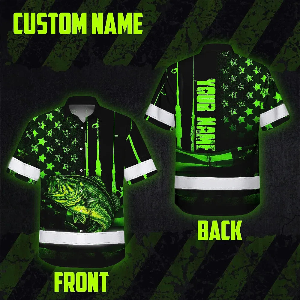 Hi Vis Hawaiian Shirt Reflective Fishing US Flag Custom Name Safety Workwear For Fishing Lovers Workers, Runners, Cyclists, Trucker, Operator, Patriotic