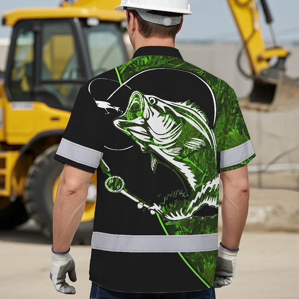 Hi Vis Hawaiian Shirt Reflective Fishing US Flag Custom Name Safety Workwear For Fishing Lovers Workers, Runners, Cyclists, Trucker, Operator, Patriotic