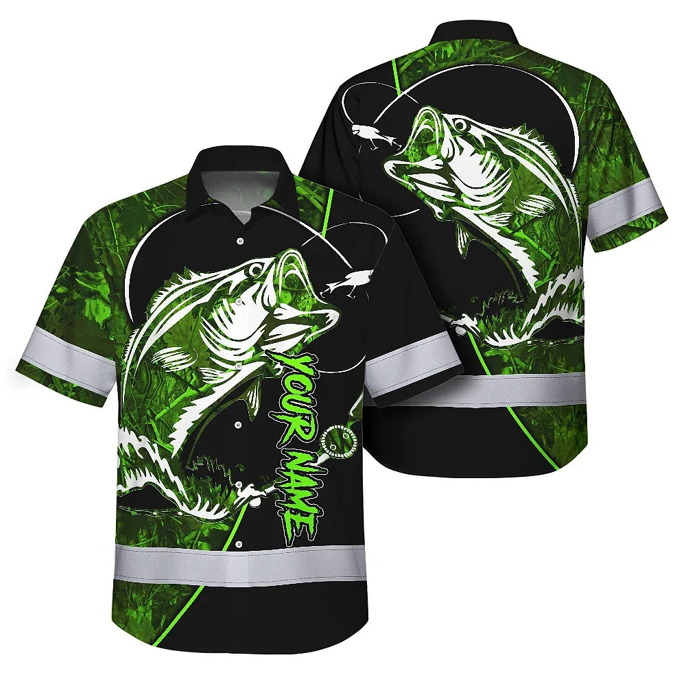 Hi Vis Hawaiian Shirt Reflective Fishing US Flag Custom Name Safety Workwear For Fishing Lovers Workers, Runners, Cyclists, Trucker, Operator, Patriotic