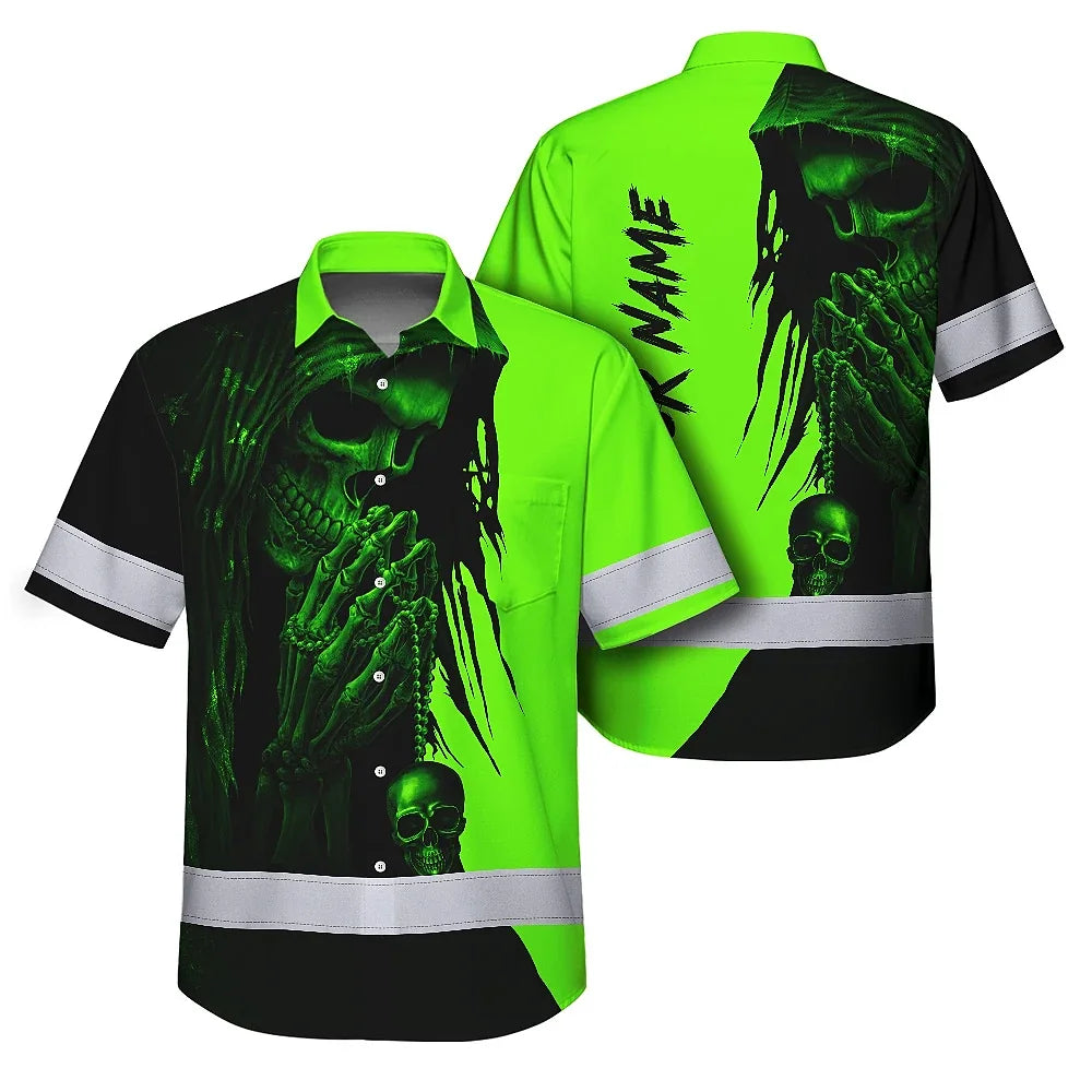 Hi Vis Hawaiian Shirt Reflective Green And Black Skull Custom Name Safety Workwear For Skull Lover