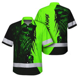 Hi Vis Hawaiian Shirt Reflective Green And Black Skull Custom Name Safety Workwear For Skull Lover