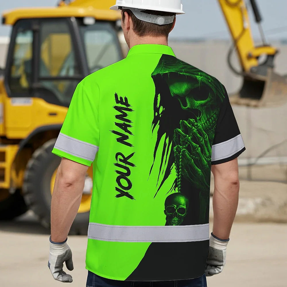 Hi Vis Hawaiian Shirt Reflective Green And Black Skull Custom Name Safety Workwear For Skull Lover