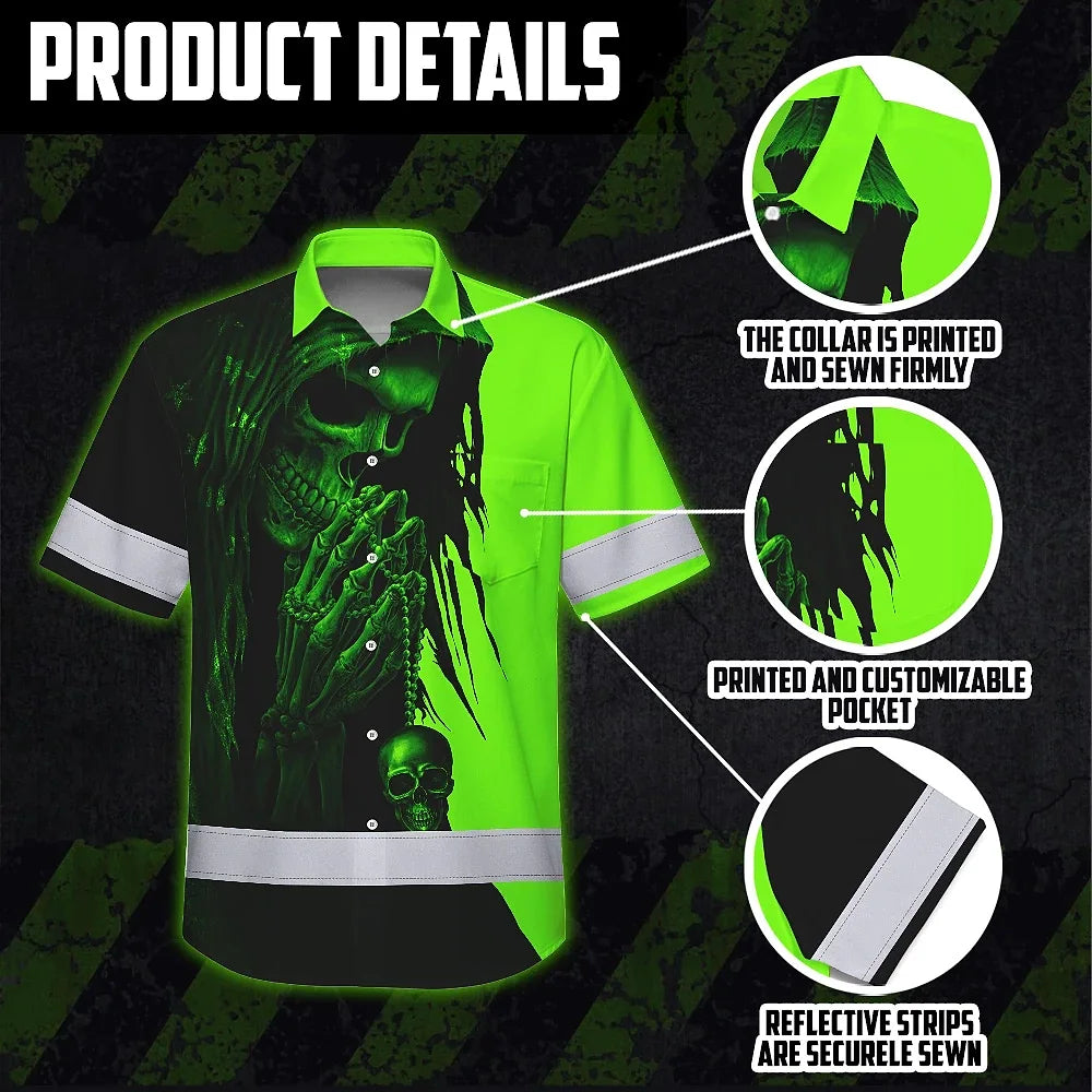 Hi Vis Hawaiian Shirt Reflective Green And Black Skull Custom Name Safety Workwear For Skull Lover