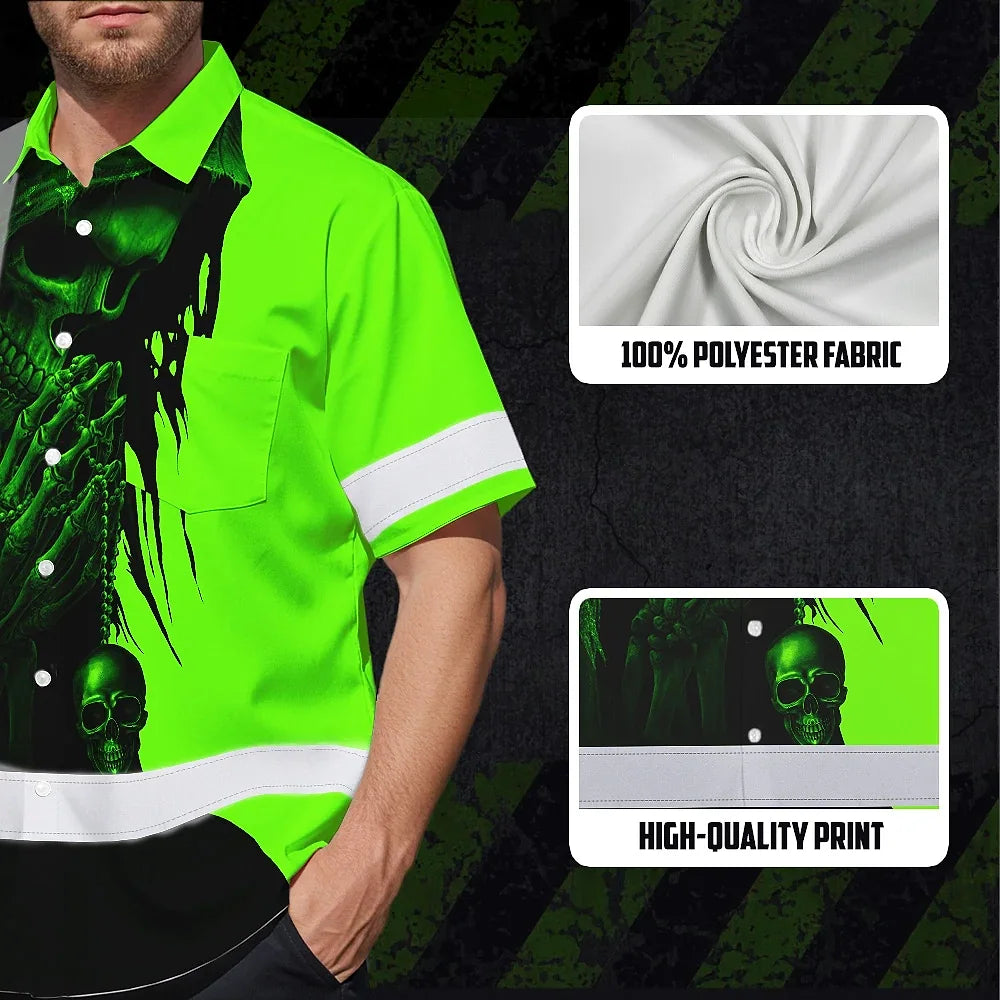 Hi Vis Hawaiian Shirt Reflective Green And Black Skull Custom Name Safety Workwear For Skull Lover