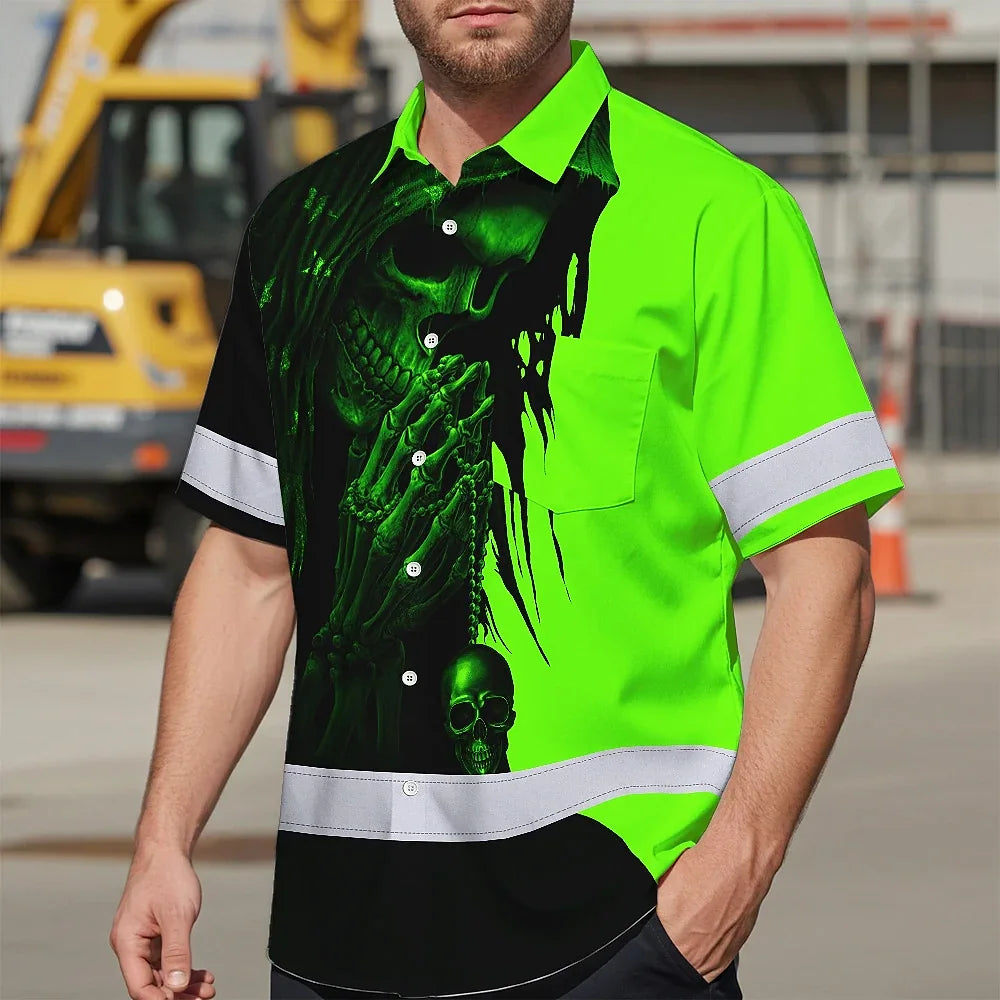 Hi Vis Hawaiian Shirt Reflective Green And Black Skull Custom Name Safety Workwear For Skull Lover