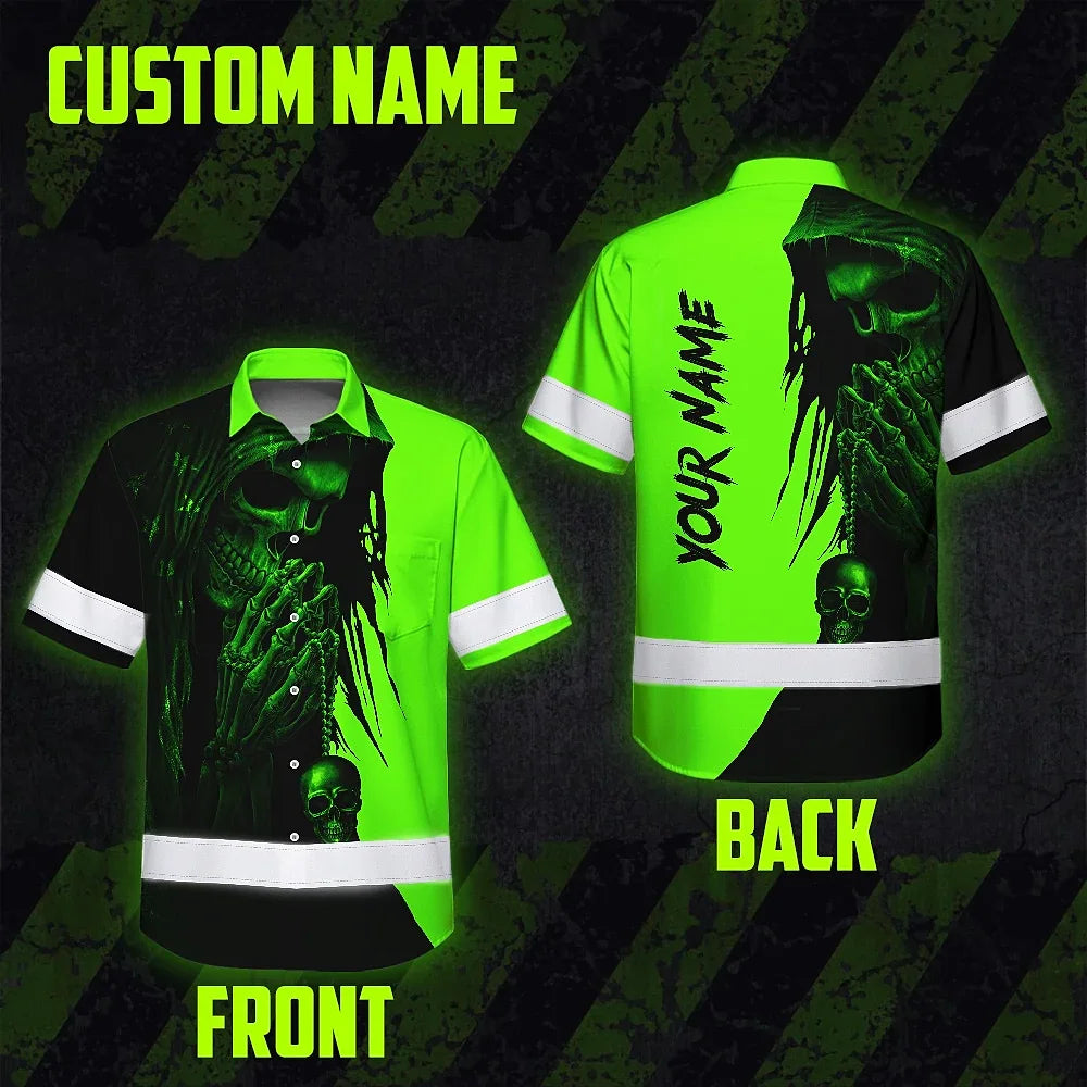 Hi Vis Hawaiian Shirt Reflective Green And Black Skull Custom Name Safety Workwear For Skull Lover