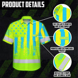 Hi Vis Hawaiian Shirt Reflective Green And Blue American Flag Custom Name Safety Workwear For Workers, Truckers, Patriotic