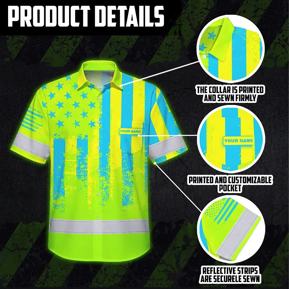 Hi Vis Hawaiian Shirt Reflective Green And Blue American Flag Custom Name Safety Workwear For Workers, Truckers, Patriotic