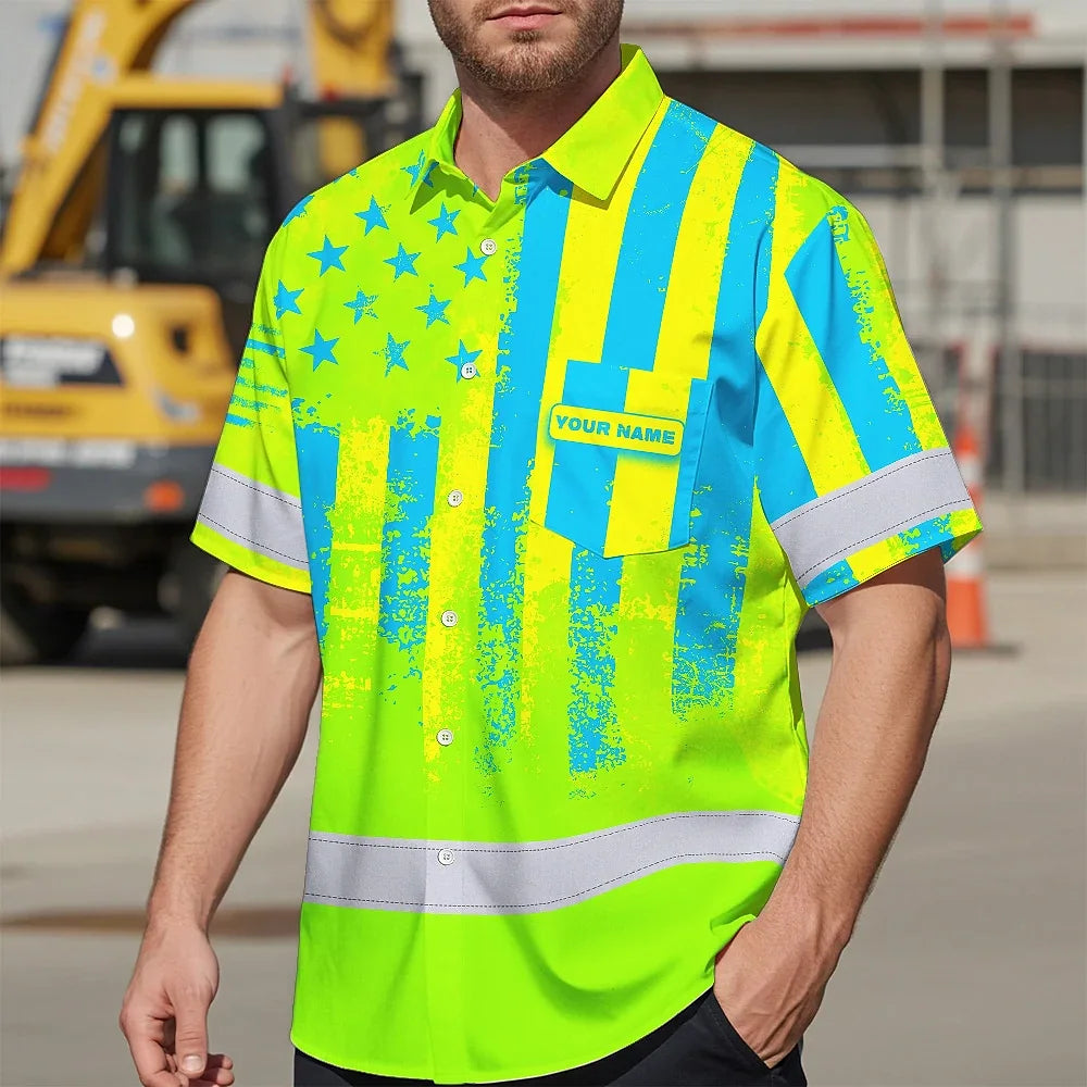 Hi Vis Hawaiian Shirt Reflective Green And Blue American Flag Custom Name Safety Workwear For Workers, Truckers, Patriotic