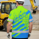 Hi Vis Hawaiian Shirt Reflective Green And Blue American Flag Custom Name Safety Workwear For Workers, Truckers, Operators