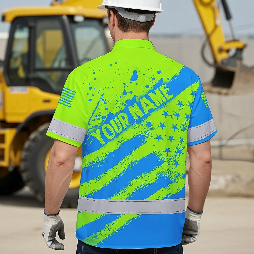 Hi Vis Hawaiian Shirt Reflective Green And Blue American Flag Custom Name Safety Workwear For Workers, Truckers, Operators