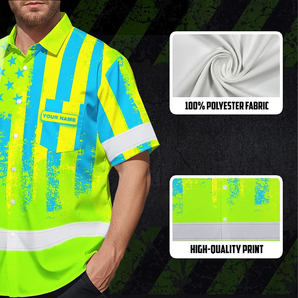 Hi Vis Hawaiian Shirt Reflective Green And Blue American Flag Custom Name Safety Workwear For Workers, Truckers, Patriotic