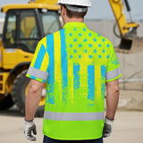 Hi Vis Hawaiian Shirt Reflective Green And Blue American Flag Custom Name Safety Workwear For Workers, Truckers, Patriotic